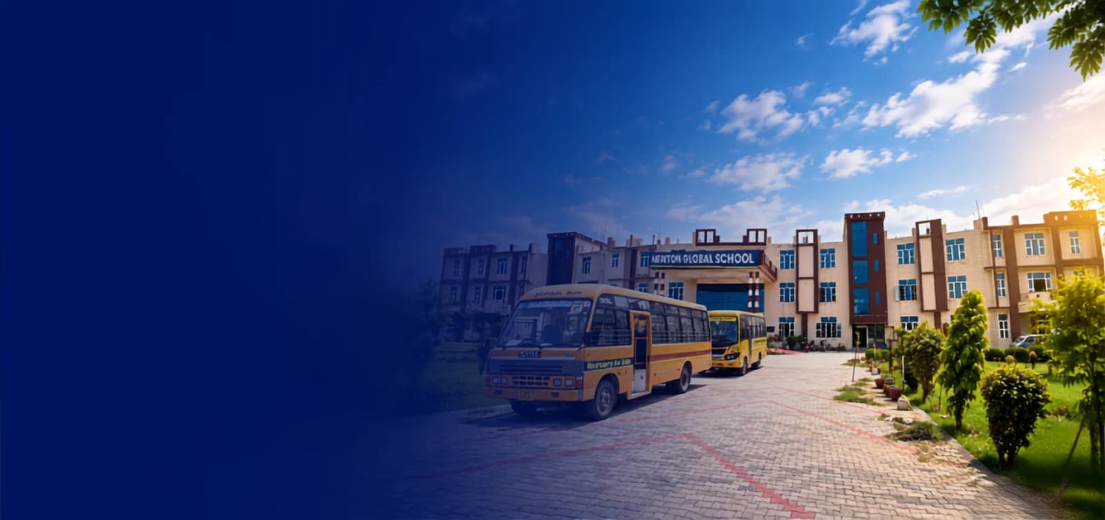 The Newton Global School building in Sangteda, with school buses on the driveway